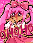  1girl ayam_bulan blush bow commentary dark-skinned_female dark_skin double-parted_bangs dress hair_between_eyes hair_bow hand_on_own_hip highres looking_at_viewer ojou-sama_pose omori open_mouth pink_bow pink_dress pink_eyes pink_hair polka_dot polka_dot_bow puffy_short_sleeves puffy_sleeves short_sleeves sidelocks solo sweetheart_(omori) teeth tongue twintails untranslatable_commentary upper_body upper_teeth_only 