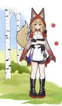  1girl absurdres animal_ears apple arknights arknights:_endfield boots commentary crossed_arms dress fingerless_gloves food fruit full_body gloves highres hood hood_up maissiri rossi_(arknights) solo tail wolf_tail yellow_eyes 