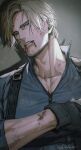  1boy beard_stubble black_gloves blonde_hair blood blood_from_mouth blue_eyes blue_shirt bruise chest_harness collared_shirt commentary_request facial_hair gloves harness injury kuren leon_s._kennedy looking_to_the_side male_focus parted_hair resident_evil resident_evil_requiem shirt short_hair sideways_glance solo stubble twitter_username upper_body 