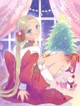  1girl absurdres alternate_costume blue_eyes bow bowtie box brown_hair christmas christmas_ornaments christmas_tree commentary_request dark-skinned_female dark_skin facial_mark forehead_mark full_body gift gift_box hair_bow haru_meguru heaven_burns_red highres long_hair looking_at_viewer red_bow red_bowtie snowman solo star_(symbol) vritika_balakrishnan window window_blinds 