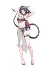  1girl :q absurdres animal_ears arm_behind_head armpits arms_up bikini black_bikini black_choker black_hair breasts choker cleavage collarbone comaya commentary_request full_body green_eyes highres jane_doe_(zenless_zone_zero) large_breasts licking_lips long_hair mouse_ears mouse_girl mouse_tail navel o-ring o-ring_bikini sandals sharp_tail simple_background smile solo standing stomach swimsuit tail thigh_strap thighs tongue tongue_out underboob very_long_tail white_background zenless_zone_zero 