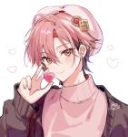  1boy beret brown_cardigan brown_eyes brown_hair cardigan closed_mouth commentary_request cookie_hat_ornament earrings ensemble_stars! hair_between_eyes hat heart highres holding holding_heart jewelry kuon_mashu light_blush looking_at_viewer male_focus multicolored_hair pink_hair pink_hat pink_sweater simple_background smile solo sweater tamano_mayo turtleneck two-tone_hair upper_body white_background 