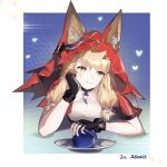  1girl absurdres animal_ear_fluff animal_ears apple arknights arknights:_endfield black_gloves blonde_hair blue_apple cape chinese_commentary closed_mouth commentary_request dated fingerless_gloves food fruit gloves highres hood hood_up hooded_cape low-tied_sidelocks red_cape rossi_(arknights) sidelocks solo wolf_ears wolf_girl zn_i2onp 