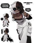  ! ... 1girl absurdres apron black_bra black_gloves bra breasts cargo_pants character_name chibi chibi_inset claw_(weapon) coke-bottle_glasses english_text fingerless_gloves glasses gloves highres medium_hair multicolored_hair multiple_expressions ny_000a original oversized_clothes pants simple_background small_breasts speech_bubble strapless strapless_bra tan tinted_eyewear twitter_username two-tone_hair underwear weapon white_apron white_background 