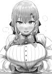  1boy 1girl absurdres bar_censor blush bow bowtie braid breasts breasts_squeezed_together buttons censored chest_harness collared_shirt commentary erection grabbing_own_breast greyscale hair_bow hair_ornament hakase_fuyuki hakase_fuyuki_(10th_costume) half_up_braid harness hetero highres huge_breasts jacket kaiman_garupan light_smile long_hair long_sleeves looking_at_viewer monochrome nijisanji off_shoulder open_mouth paizuri paizuri_under_clothes penis pov shirt simple_background steaming_body sweat twin_braids white_background 