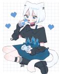  1girl animal_ear_piercing animal_ears arm_warmers black_arm_warmers black_boots black_shirt blue_eyes blue_skirt blue_streaks blunt_bangs blush_stickers boots can cat_ears cat_girl cat_tail commentary_request controller double-parted_bangs drink_can drooling fang fishnet_socks fishnets full_body game_controller grey_socks grid_background heart highres holding holding_can holding_controller holding_game_controller lace-up_boots looking_at_viewer mouth_drool multicolored_hair niyu_(nennenkorori3) open_mouth original pixelated shirt short_hair short_sleeves single_bare_shoulder sitting skirt socks solo streaked_hair tail white_background white_hair 