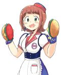  1girl amami_haruka apron brown_hair burger burger_skater_(idolmaster) carhop food food_on_face gloves green_eyes hat headset idolmaster idolmaster_(classic) idolmaster_2 no_hair_bow official_alternate_costume open_mouth short_hair short_sleeves sidelocks simple_background smile tsubobot waist_apron waitress white_apron white_background wrist_cuffs 