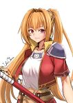 1girl armor bo_staff breasts brown_hair closed_mouth commentary_request cropped_jacket eiyuu_densetsu estelle_bright floating_hair hair_between_eyes hair_intakes highres holding holding_weapon jacket long_hair looking_at_viewer medium_breasts pauldrons red_eyes red_jacket short_sleeves shoulder_armor signature simple_background single_pauldron smile solo sora_no_kiseki staff twintails upper_body uraomote very_long_hair weapon white_background 