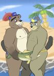  2021 animal_crossing anthro beach beaver belly blue_eyes brown_body c.j._(animal_crossing) chip_(animal_crossing) clothing duo father father_and_child father_and_son hat headgear headwear hi_res hickeybickeyboo male male/male mammal moobs nintendo nipples overweight overweight_male parent parent_and_child rodent seaside son swimwear video_games water 