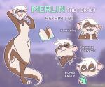  &lt;3 6:5 absurd_res anthro bandanna blurred_background book brown_body brown_fur bunnybounced crotch_tuft digital_media_(artwork) domestic_ferret english_text full-length_portrait fur hair headshot_portrait hi_res kerchief looking_away male mammal merlin(lllmaddy) model_sheet mostly_nude mustela mustelid musteline open_mouth portrait signature smile smirk solo standing tan_body tan_fur text true_musteline tuft white_hair 
