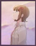  1girl amami_haruka black_border border bow breast_pocket brown_hair closed_mouth collared_jacket day from_side hair_bow highres idolmaster idolmaster_(classic) idolmaster_1 jacket outdoors pocket profile red_bow short_hair smile solo tsubobot upper_body white_jacket 