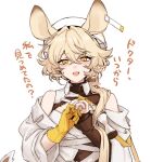  1girl :d animal_ears arknights bare_shoulders black_gloves blonde_hair breasts dorothy_(arknights) ear_tag gloves hair_between_eyes hair_over_shoulder hands_up hat jacket long_hair long_sleeves looking_at_viewer mouse_ears mouse_girl off_shoulder open_mouth roku_(dou_koto) simple_background smile solo translation_request upper_body white_background white_hat white_jacket yellow_eyes yellow_gloves 
