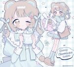  1girl 2024 :3 :d animal_slippers bag bear_slippers blue_background blue_bow blue_bowtie blush_stickers bow bowtie box braid braided_hair_rings brown_eyes brown_hair brown_slippers closed_mouth coat commentary_request full_body fur-trimmed_coat fur_trim gift gift_box green_socks hair_bow hair_rings highres holding holding_gift long_sleeves merry_christmas multiple_views niyu_(nennenkorori3) open_mouth original outline ribbed_socks short_hair slippers smile socks standing star_(symbol) swept_bangs twitter_username white_coat white_outline 