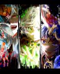  1girl 2boys black_background black_hat blue_jingasa bright_pupils choppy_bangs closed_mouth column_lineup commentary_request cross-shaped_pupils crossed_bangs dottore_(genshin_impact) dress eyelashes eyeliner gem genshin_impact glitch glitch_art gold green_gem half_mask hat highres innagaja jingasa korean_commentary looking_at_viewer looking_to_the_side makeup mask multiple_boys nahida_(genshin_impact) open_mouth pointy_ears purple_eyes purple_hair red_eyeliner red_eyes red_gem red_hat scaramouche_(genshin_impact) symbol-shaped_pupils teeth tsurime twitter_username two-tone_hat wanderer_(genshin_impact) white_dress white_hair white_pupils 
