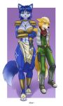 2026 anthro bandeau belt big_breasts blue_body blue_eyes blue_fur blue_hair bottomwear breasts canid canine choker circlet clothing collarbone dipstick_tail duo eyebrows eyelashes female footwear fox fox_mccloud fur green_eyes hair hi_res jewelry kjoge1 krystal_(star_fox) larger_female loincloth male mammal markings navel necklace nintendo sandals shoes shoulder_guards size_difference soft_abs star_fox tail tail_markings topwear white_body white_fur