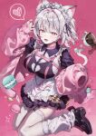  1girl 46_coffee absurdres animal_ears apron black_dress black_shoes cat_ears cat_girl cat_tail chest_belt colored_inner_hair commentary cookie cup dress earrings fangs food full_body garter_straps grey_hair hair_intakes heart heart-shaped_pupils heart_collar heart_earrings highres jacket jacket_partially_removed jewelry looking_at_viewer loose_socks macaron maid_apron maid_headdress mole mole_under_mouth multicolored_hair open_mouth original pink_background pink_eyes pink_hair pink_jacket pink_nails shoes socks solo spoken_heart swept_bangs symbol-shaped_pupils tail thighhighs untranslatable_commentary white_dress white_thighhighs zettai_ryouiki 