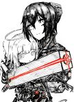  2girls absurdres arm_cannon blame! bob_cut carrying carrying_person cibo cyborg facial_mark glowing glowing_weapon graviton_beam_emitter halo highres looking_at_viewer mechabare monochrome multiple_girls safeguard_(blame!) sanakan shiokaze1409 simple_background spot_color upper_body weapon 