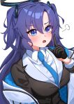  1girl absurdres black_gloves black_halo blue_archive blue_necktie blush breasts collared_shirt commentary_request crazydoufu finger_to_mouth formal_clothes gloves hair_between_eyes hair_ornament halo hand_up highres index_finger_raised jacket jacket_partially_removed large_breasts long_hair long_sleeves mechanical_halo necktie open_mouth purple_eyes purple_hair shirt shushing simple_background solo triangle_hair_ornament two-sided_fabric two-sided_jacket white_background white_shirt yuuka_(blue_archive) 
