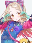 1girl alternate_costume alternate_hair_color animal_ear_headphones animal_ears arrow_(symbol) bag belt black_belt blonde_hair blush blush_stickers breast_pocket buttons cat_ear_headphones cat_ears chobi_(penguin_paradise) colored_eyebrows colored_eyelashes dot_nose emoji emoticon fake_animal_ears gakuen_idolmaster gloves headphones heart heart_hands highres idolmaster kaomoji long_sleeves looking_at_viewer medium_hair multicolored_gloves open_mouth parted_bangs pink_sleeves pocket shinosawa_hiro shoulder_bag solo spoken_heart tic-tac-toe two-tone_gloves two-tone_shirt upper_body white_background yellow_eyes zipper 