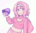  1girl alternate_costume blue_eyes box breasts clothing_cutout commentary elf elysia_(honkai_impact) english_commentary hairband heart-shaped_box heart_cutout honkai_(series) honkai_impact_3rd large_breasts long_hair looking_at_viewer midriff navel pink_hair pink_sweater pointy_ears robin_cordelia smile solo sweater very_long_hair white_background white_hairband 