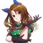  1girl animal_ears bare_shoulders black_gloves blush bow breasts brown_hair buttons coat commentary_request double-breasted dress ear_bow ear_covers ear_ribbon gloves green_bow green_dress horse_ears horse_girl king_halo_(king_of_emeralds)_(umamusume) king_halo_(umamusume) long_hair looking_at_viewer misato_hikari off-shoulder_coat off-shoulder_dress off_shoulder open_mouth red_eyes simple_background solo umamusume upper_body white_background 