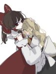  2girls apron ascot bare_shoulders black_skirt black_vest blonde_hair blush bow braid bright_pupils brown_hair chantarou commentary detached_sleeves embarrassed expressionless hair_tubes hakurei_reimu hand_on_another's_back hand_on_another's_head highres hug kirisame_marisa large_ribbon long_hair looking_at_viewer looking_to_the_side missing_headwear multiple_girls red_bow red_eyes red_shirt red_skirt shirt short_sleeves side_braid skirt touhou vest white_background white_pupils white_shirt yellow_ascot yellow_eyes 