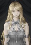  1girl alternate_costume artelsia artist_logo artist_name blonde_hair braid breasts cleavage closed_mouth commentary dress elden_ring expressionless fia_the_deathbed_companion grey_dress grey_eyes half_up_braid highres large_breasts logo long_hair looking_to_the_side pink_lips solo standing straight-on very_long_hair 