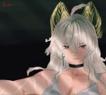  1girl ahoge artist_name black_background black_choker black_horns breasts choker curled_horns derivative_work earrings grey_hair hair_between_eyes highres horns jewelry jujutsu_kaisen key_earrings large_breasts long_hair looking_at_viewer mole mole_on_breast mole_under_eye red_eyes ribbed_shirt scar scar_on_arm scar_on_chest scarletlupa scene_reference screenshot_redraw shirt sleeveless smile solo toned toned_female tsukumo_yuki_(jujutsu_kaisen) upper_body white_shirt wuthering_waves zani_(wuthering_waves) 