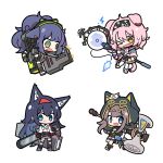  4girls :d ahoge animal_ear_fluff animal_ears animal_hood arknights bag big_hair black_boots black_gloves black_hairband black_jacket black_shoes black_shorts black_skirt black_socks blaze_(arknights) blue_eyes blue_hair blunt_bangs blush boots braid brown_hair cat_ears cat_girl cat_hood cat_tail chibi chibi_only coat collared_shirt confident crossed_bangs earrings exhausted flower full_body garter_straps gloves goldenglow_(arknights) green_eyes grey_thighhighs hair_flower hair_ornament hairband hammer happy headband headset highres holding holding_staff hood hood_up hooded_jacket hoodie huge_weapon jacket jessica_(arknights) jewelry knee_pads long_sidelocks looking_at_viewer malrangdonut multicolored_hair multiple_girls multiple_thigh_straps one_eye_closed pepe_(arknights) pink_coat pink_hair pink_shoes ponytail purple_hair red_headband running scared shirt shoes shorts sidelocks single_thighhigh skirt smile socks staff standing standing_on_one_leg streaked_hair stud_earrings sweatdrop sword sword_on_back tail tank_top tears thigh_strap thighhighs unkempt wavy_eyes wavy_hair wavy_mouth weapon weapon_on_back white_background white_garter_straps white_shirt white_shoes white_thighhighs yellow_eyes 