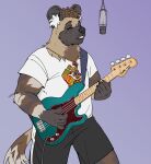  african_wild_dog anthro bass_guitar black_nose bottomwear canid canine canis clothed clothing darius_davis digital_media_(artwork) entodonyx eyes_closed fender fist fur gold_(metal) gold_jewelry gold_necklace guitar hair hi_res jewelry male mammal microphone multicolored_body multicolored_fur musical_instrument necklace open_mouth playing_music plucked_string_instrument simple_background singing solo string_instrument topwear 