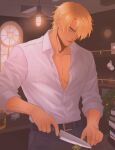  1boy bare_pectorals belt belt_buckle black_belt black_pants blue_eyes book book_stack buckle closed_mouth collared_shirt commentary eien_ie hair_over_one_eye highres holding holding_knife kitchen_knife knife looking_down male_focus one_eye_covered one_piece pants parted_bangs parted_hair partially_open_shirt pectorals sanji_(one_piece) shirt shirt_tucked_in short_hair solo standing untranslatable_commentary white_shirt window 