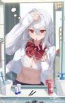  1girl absurdres adjusting_hair black_skirt bow bowtie bra breasts buttons cleavage commentary dated english_text fuji_sakura hair_between_eyes highres lens_flare long_sleeves looking_at_mirror mirror navel open_clothes open_shirt original red_bow red_bowtie red_eyes school_uniform signature skirt small_breasts solo squeans toothbrush toothbrush_in_mouth twitter_username underwear upper_body watermark white_bra white_hair 