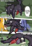 anal animal_genitalia animal_penis black_body black_fur blue_body blue_fur bodily_fluids canid canine canine_genitalia canine_penis comic cum cum_from_ass cum_in_ass cum_inside deep_throat defeat_sex dire_wolf fellatio feral feral_penetrated fluffy_fur forest fur genital_fluids genitals group growling hi_res instant_loss_2koma lying male male/male mammal multicolored_body multicolored_fur npc5554 on_side oral oral_penetration penetration penile penis plant prehistoric_species quest sex side_view spitroast tree trio two_tone_body two_tone_fur yellow_body yellow_fur