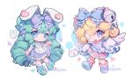  animal_ears apron bag bell blonde_hair blue_eyes bow curly_hair cutesu_(character) eyepatch frills green_hair hair_bell hair_bow hair_ornament heart highres looking_at_viewer mary_janes medical_eyepatch miruku_(cutesu) nitrogen_owo purple_eyes rabbit rabbit_ears shoes smile 