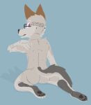  anthro black_pawpads brown_ears butt canid canine canis eyewear fur glasses grey_body grey_fur grey_paws looking_at_viewer looking_back looking_back_at_viewer male mammal pawpads paws purple_eyes rear_view ricthecusco shy solo surprised_expression touching_back white_body white_fur wolf 