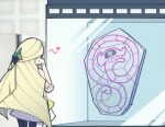  1girl andrich_galam black_leggings blonde_hair commentary display_case dress english_commentary heart leggings long_hair lusamine_(pokemon) multicolored_leggings museum pokemon pokemon_(creature) pokemon_sun_and_moon runerigus two-tone_leggings two-tone_legwear very_long_hair white_dress white_leggings 
