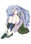  1girl absurdres bang_dream! bang_dream!_it's_mygo!!!!! blue_hair commentary_request green_skirt green_socks grey_jacket haneoka_school_uniform highres jacket long_hair miomujica no_shoes plaid_clothes plaid_skirt pleated_skirt school_uniform simple_background sitting skirt socks solo togawa_sakiko white_background 