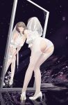  1girl absurdres ass bent_over bra breasts bridal_veil brown_hair commentary detached_sleeves gloves high_heels highres honkai_(series) honkai_impact_3rd large_breasts leaning_forward lilin_(pixiv_25958194) looking_at_mirror mirror mole panties pantyhose purple_eyes reflection rita_rossweisse short_hair solo underwear veil white_bra white_gloves white_panties white_pantyhose 