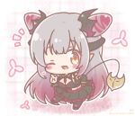  1girl ;d between_breasts black_jacket black_shoes black_skirt black_thighhighs blush_stickers breasts chibi clothes_between_breasts colored_shadow commentary_request cone_hair_bun cropped_jacket demon_tail gradient_hair grey_hair hair_bun hand_on_own_hip hand_up highres index_finger_raised jacket long_sleeves mitarashi_neko multicolored_hair nanashi_inc. necktie necktie_between_breasts one_eye_closed open_clothes open_jacket outline pleated_skirt purple_hair purple_necktie red_eyes shadow shoes skirt smile solo standing standing_on_one_leg streaked_hair suou_patra suou_patra_(1st_costume) tail thighhighs virtual_youtuber white_outline 