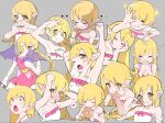  +++ 1girl adjusting_hair ahoge alternate_costume armpits back_bow bare_shoulders bat_wings blonde_hair blush blush_stickers bow breasts cleavage clenched_hand closed_eyes closed_mouth collarbone donut dress dress_ribbon dress_slip eating elbow_rest etto_ts1222 fang finger_to_face food food_in_mouth grey_background hair_tie hair_tie_in_mouth hand_on_own_chest hand_on_own_face hand_rest hands_up head_rest heart heart_hands highres holding holding_food holding_sword holding_weapon interlocked_fingers katana long_hair looking_at_viewer monogatari_(series) mouth_hold multiple_expressions ok_sign open_mouth oshino_shinobu pink_ribbon pointy_ears ribbon saliva sidelocks sleeping sleepy small_breasts spoken_heart surprised sword two-tone_dress upper_body vampire weapon wings wrist_cuffs yellow_eyes 
