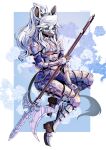  2021 absurd_res anthro armor biped blue_eyes cerbera clothed clothing hair hi_res holding_object holding_weapon long_hair mammal melee_weapon solo weapon white_hair 
