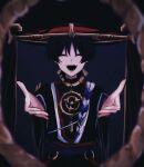  1boy 316_yogurt beckoning black_background black_hair black_kimono black_mouth black_sleeves black_veil blunt_ends bodysuit choppy_bangs closed_eyes commentary_request eyeliner facing_viewer genshin_impact gold hand_up hat highres japanese_clothes jewelry jingasa juban kimono layered_sleeves makeup male_focus mandarin_collar mitsudomoe_(shape) neck_ring o-ring open_hands open_mouth pov_peephole purple_rope purple_sash purple_sleeves red_eyeliner red_hat red_kimono red_sash rope sash scaramouche_(genshin_impact) shimenawa single_sode solo straight-on tassel teeth tomoe_(symbol) upper_body veil white_kimono white_rope white_trim 