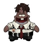  1boy absurdres belt brown_hair chest_harness chibi chibi_only collared_shirt commentary dark_skin drooling english_commentary formal_clothes harness heathcliff_(project_moon) highres id_card limbus_company messy_hair necktie ny_000a patrick_star project_moon red_necktie saliva scar scar_on_arm shirt single_tooth smile tan 