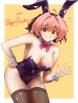  1girl ahoge animal_ears bare_shoulders bent_over blush breasts collarbone detached_collar english_text fake_animal_ears green_eyes h3p0 heart heart_hands highres looking_at_viewer medium_breasts original osu! pink_hair pippi_(osu!) playboy_bunny rabbit_ears short_hair solo tail thighhighs waving wrist_cuffs 