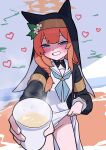  1girl absurdres animal_hood blue_archive blue_eyes blue_neckerchief blush cat_hood coif commentary_request cup groin halo heart highres holding holding_cup hood incoming_drink korean_commentary long_hair long_sleeves looking_at_viewer mari_(blue_archive) neckerchief okokorika orange_hair pee pee_in_container sailor_collar shade smile solo standing steam sweat upper_body white_sailor_collar 