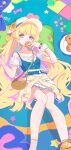  1girl bare_shoulders blonde_hair blue_shirt breasts candy check_clothing chinese_commentary chips_ahoy! clothes_around_waist clothing_request collarbone commentary_request cookie dress flower food hat hat_flower highres holding holding_cookie holding_food long_hair lying off-shoulder_dress off_shoulder official_alternate_costume on_back open_mouth phoebe_(wuthering_waves) polka_dot polka_dot_scrunchie purple_eyes scrunchie shirt small_breasts solo star_(symbol) tacet_mark_(wuthering_waves) white_dress white_scrunchie wrapped_candy wrist_scrunchie wuthering_waves yuishia 