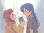  2girls ^_^ amami_haruka bag blue_hair bow box brown_coat brown_eyes brown_hair brown_scarf closed_eyes closed_mouth coat commentary_request face-to-face facing_another gift gift_box grin hair_bow holding holding_gift idolmaster idolmaster_(classic) kisaragi_chihaya long_hair looking_at_another multiple_girls red_bow red_scarf scarf short_hair shoulder_bag smile standing tsubobot 