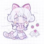  1girl :< arrow_(symbol) blunt_bangs blush_stickers bow cake cake_slice cat_girl cat_tail chibi chibi_only closed_mouth commentary_request double_bun dress english_text food frilled_dress frills fruit full_body grid_background hair_bun heart highres looking_at_viewer niyu_(nennenkorori3) original pink_bow pink_dress pink_shoes shoes short_hair short_sleeves socks solo standing strawberry tail tail_bow tail_ornament white_background white_hair white_socks 