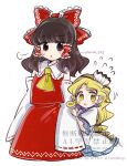  2girls ascot bow brown_eyes brown_hair commentary_request detached_sleeves flying_sweatdrops frilled_bow frilled_hair_tubes frills hair_bow hair_tubes hakurei_reimu highres long_hair multiple_girls open_mouth red_bow red_skirt ribbon-trimmed_sleeves ribbon_trim simple_background skirt skirt_set tama_(hiroshige_36) touhou twitter_username watari_nina watermark white_background yellow_ascot 