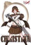  1girl absurdres axe bandaid bandaid_on_knee bandaid_on_leg book brown_capelet brown_hat brown_socks brown_tube_top cane capelet character_name christina_(path_to_nowhere) copyright_name criss-cross_straps deerstalker earrings frilled_sleeves frills gloves grey_eyes groin hat highres hikaru_adilla jewelry magnifying_glass navel open_mouth orange_hair path_to_nowhere plaid_capelet plaid_clothes plaid_hat pleated_skirt pocket_watch shrug_(clothing) skirt socks strapless tube_top watch white_gloves white_shrug 